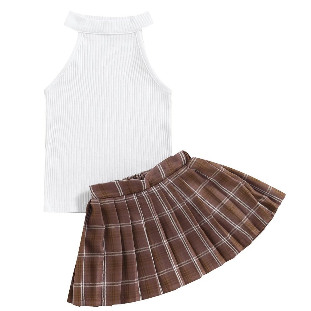 White Ribbed Tank Top & Brown Plaid Mini Pleated Skirt 2pcs Little Girl Outfit